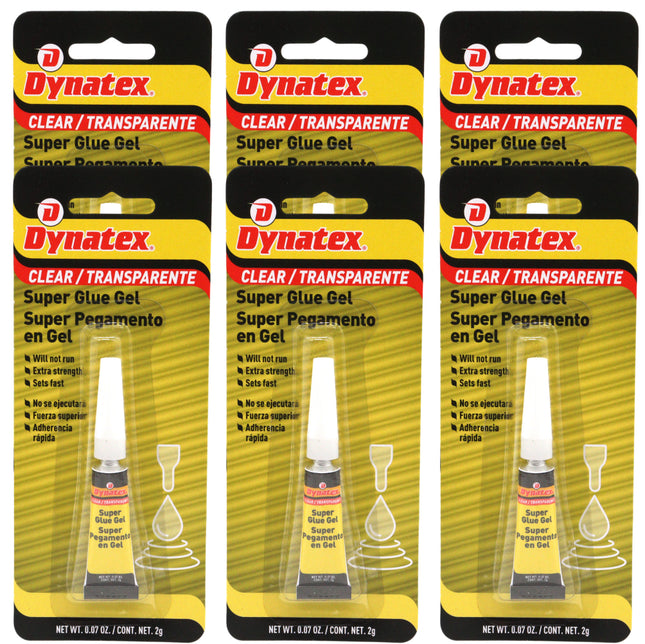 Dynatex 0.07 oz Super Glue Gel - No-Run Formula, Instant Bond, Bonds Metal Plastic Rubber Glass, Clear Permanent, Vertical Surfaces (6-Pack)