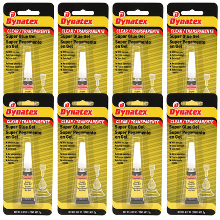 Dynatex 0.07 oz Super Glue Gel - No-Run Formula, Instant Bond, Bonds Metal Plastic Rubber Glass, Clear Permanent, Vertical Surfaces (8-Pack)