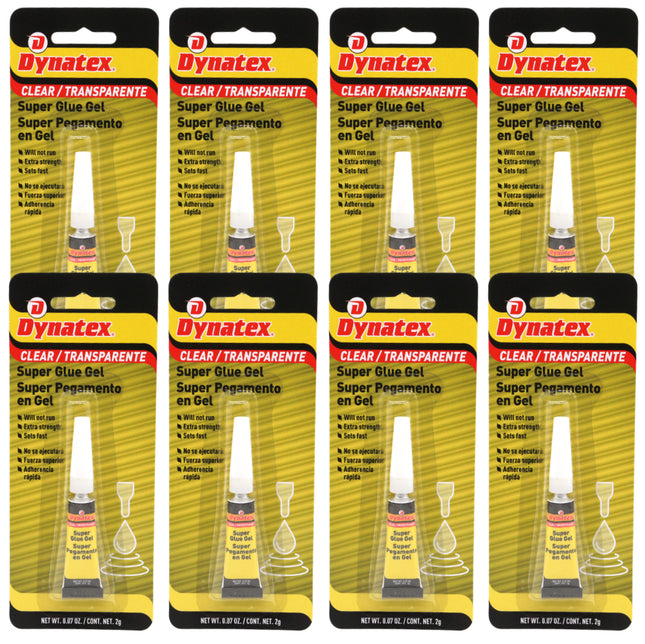 Dynatex 0.07 oz Super Glue Gel - No-Run Formula, Instant Bond, Bonds Metal Plastic Rubber Glass, Clear Permanent, Vertical Surfaces (8-Pack)