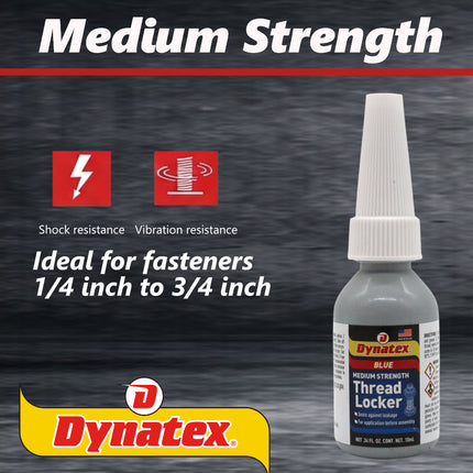 Dynatex Blue Medium Strength Threadlocker 0.34 oz Bottle - Removable with Hand Tools, Locks Fasteners on Metal, Vibration Resistant, Solvent Resistant (Single)