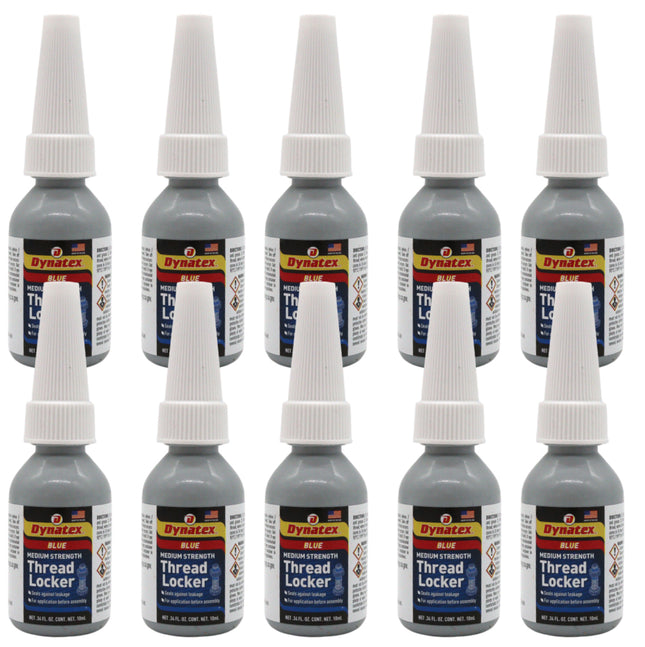 Dynatex Blue Medium Strength Threadlocker 0.34 oz Bottle - Removable with Hand Tools, Locks Fasteners on Metal, Vibration Resistant, Solvent Resistant (10-Pack)