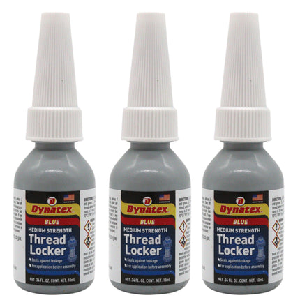 Dynatex Blue Medium Strength Threadlocker 0.34 oz Bottle - Removable with Hand Tools, Locks Fasteners on Metal, Vibration Resistant, Solvent Resistant (3-Pack)