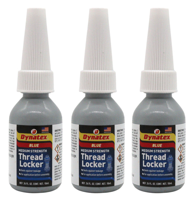 Dynatex Blue Medium Strength Threadlocker 0.34 oz Bottle - Removable with Hand Tools, Locks Fasteners on Metal, Vibration Resistant, Solvent Resistant (3-Pack)