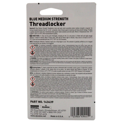 Dynatex Blue Medium Strength Threadlocker 0.20 oz Bottle - Removable with Hand Tools, Locks Fasteners on Metal, Vibration Resistant, Solvent Resistant (Single)