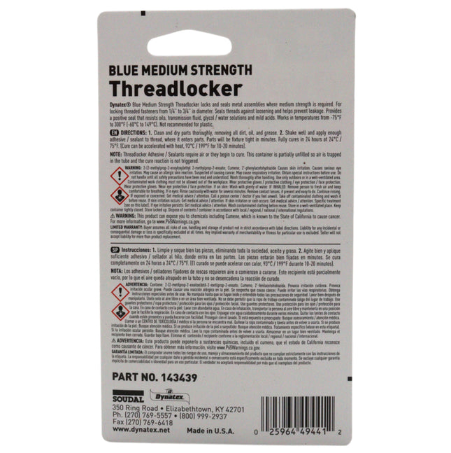 Dynatex Blue Medium Strength Threadlocker 0.20 oz Bottle - Removable with Hand Tools, Locks Fasteners on Metal, Vibration Resistant, Solvent Resistant (2-Pack)