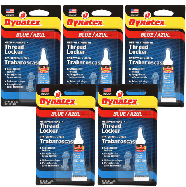 Dynatex Blue Medium Strength Threadlocker 0.20 oz Bottle - Removable with Hand Tools, Locks Fasteners on Metal, Vibration Resistant, Solvent Resistant (5-Pack)