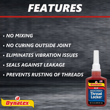 Dynatex Blue Medium Strength Threadlocker 0.81 oz Bottle - Removable with Hand Tools, Locks Fasteners on Metal, Vibration Resistant, Solvent Resistant (Single)