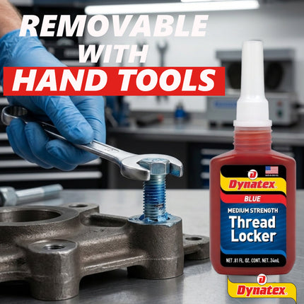 Dynatex Blue Medium Strength Threadlocker 0.81 oz Bottle - Removable with Hand Tools, Locks Fasteners on Metal, Vibration Resistant, Solvent Resistant (Single)