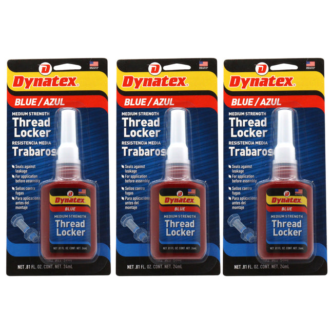 Dynatex Blue Medium Strength Threadlocker 0.81 oz Bottle - Removable with Hand Tools, Locks Fasteners on Metal, Vibration Resistant, Solvent Resistant (3-Pack)