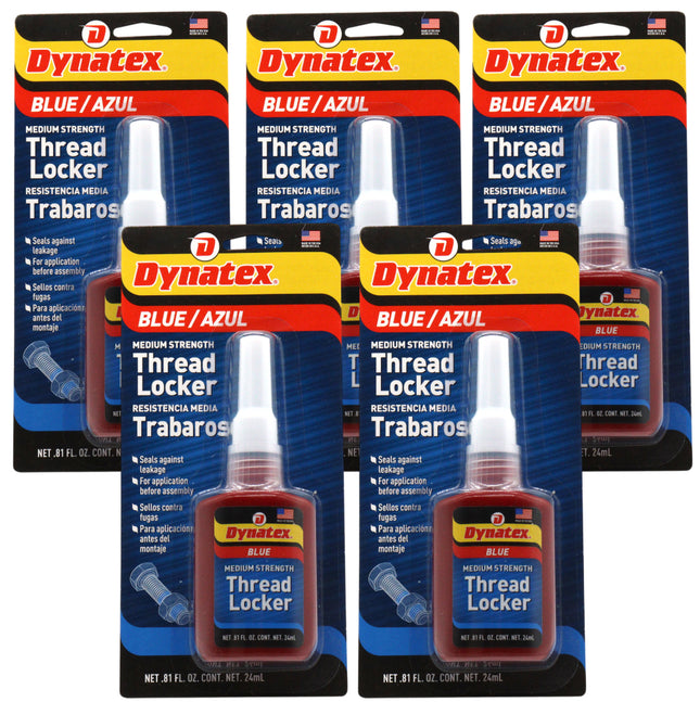 Dynatex Blue Medium Strength Threadlocker 0.81 oz Bottle - Removable with Hand Tools, Locks Fasteners on Metal, Vibration Resistant, Solvent Resistant (5-Pack)