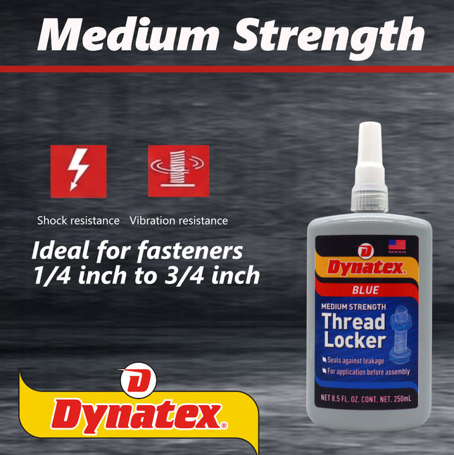 Dynatex Blue Medium Strength Threadlocker 8.5 oz Bottle - Removable with Hand Tools, Locks Fasteners on Metal, Vibration Resistant, Solvent Resistant (Single)