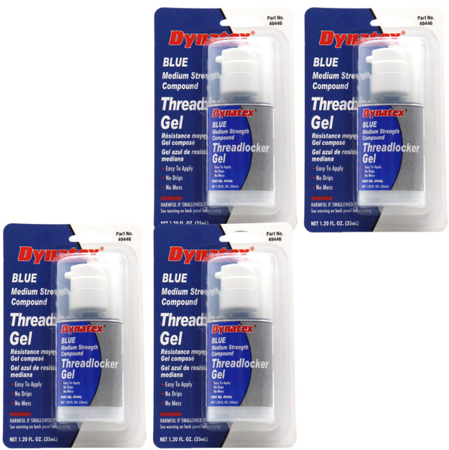 Dynatex Blue Medium Strength Gel Threadlocker 1.20 oz Bottle - Removable with Hand Tools, Locks Fasteners on Metal, Vibration Resistant, Solvent Resistant (4-Pack)