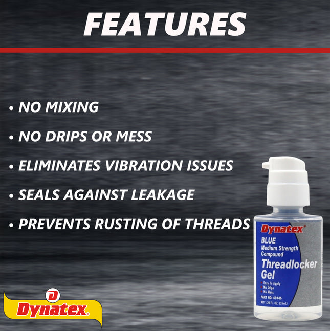 Dynatex Blue Medium Strength Gel Threadlocker 1.20 oz Bottle - Removable with Hand Tools, Locks Fasteners on Metal, Vibration Resistant, Solvent Resistant (4-Pack)