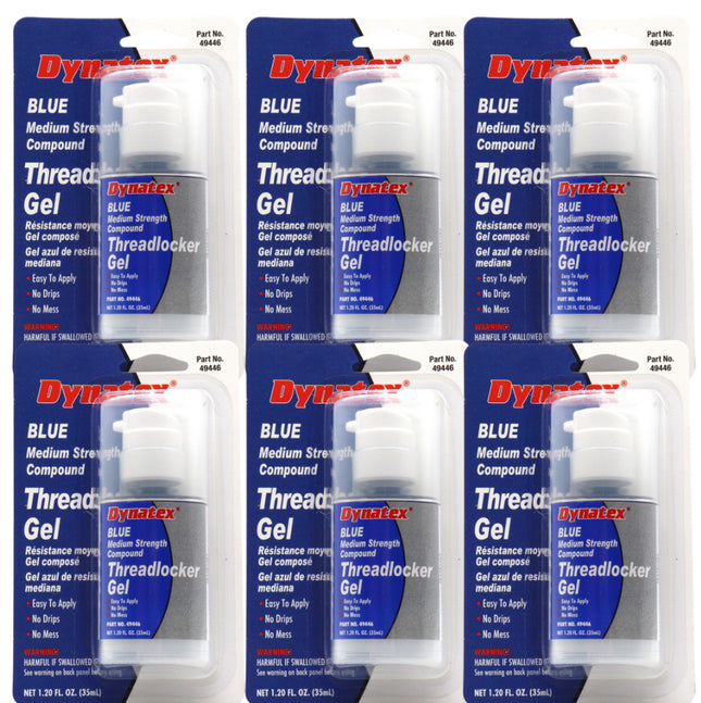 Dynatex Blue Medium Strength Gel Threadlocker 1.20 oz Bottle - Removable with Hand Tools, Locks Fasteners on Metal, Vibration Resistant, Solvent Resistant (6-Pack)