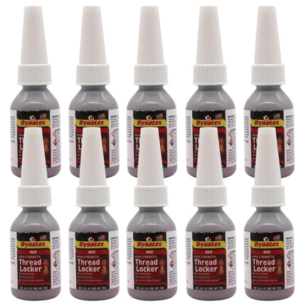 Dynatex Red High Strength Threadlocker 0.34 oz Bottle - Permanent Lock, Anaerobic, Large Fasteners, Vibration & Solvent Resistant (10-Pack)