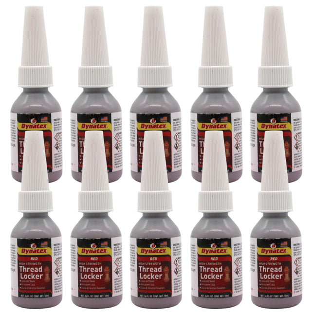 Dynatex Red High Strength Threadlocker 0.34 oz Bottle - Permanent Lock, Anaerobic, Large Fasteners, Vibration & Solvent Resistant (10-Pack)