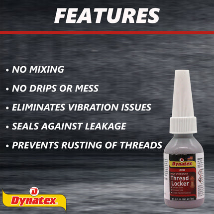 Dynatex Red High Strength Threadlocker 0.34 oz Bottle - Permanent Lock, Anaerobic, Large Fasteners, Vibration & Solvent Resistant (3-Pack)