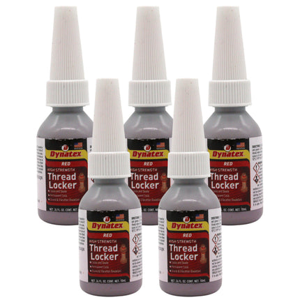 Dynatex Red High Strength Threadlocker 0.34 oz Bottle - Permanent Lock, Anaerobic, Large Fasteners, Vibration & Solvent Resistant (5-Pack)