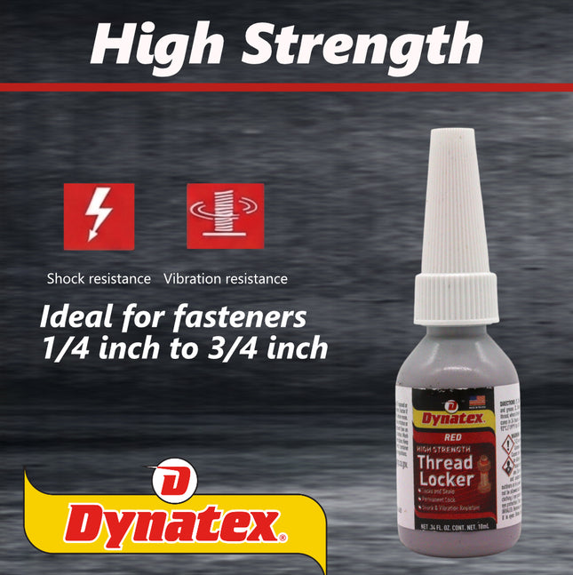 Dynatex Red High Strength Threadlocker 0.34 oz Bottle - Permanent Lock, Anaerobic, Large Fasteners, Vibration & Solvent Resistant (5-Pack)