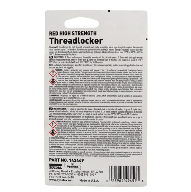 Dynatex Red High Strength Threadlocker 0.20 oz Bottle - Permanent Lock, Anaerobic, Large Fasteners, Vibration & Solvent Resistant (3-Pack)