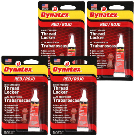 Dynatex Red High Strength Threadlocker 0.20 oz Bottle - Permanent Lock, Anaerobic, Large Fasteners, Vibration & Solvent Resistant (4-Pack)