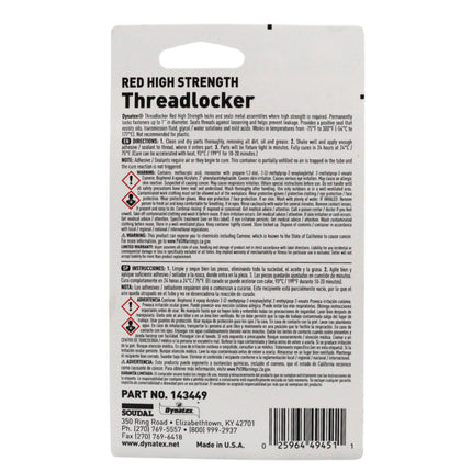 Dynatex Red High Strength Threadlocker 0.20 oz Bottle - Permanent Lock, Anaerobic, Large Fasteners, Vibration & Solvent Resistant (4-Pack)