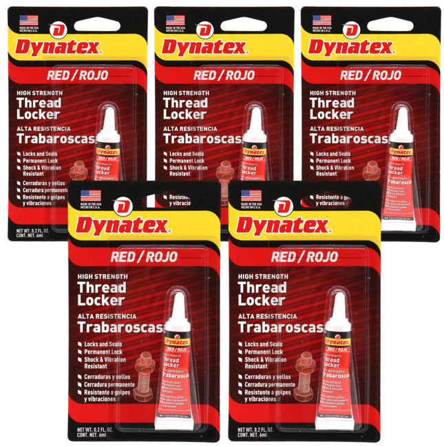 Dynatex Red High Strength Threadlocker 0.20 oz Bottle - Permanent Lock, Anaerobic, Large Fasteners, Vibration & Solvent Resistant (5-Pack)