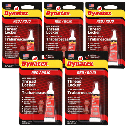 Dynatex Red High Strength Threadlocker 0.20 oz Bottle - Permanent Lock, Anaerobic, Large Fasteners, Vibration & Solvent Resistant (5-Pack)