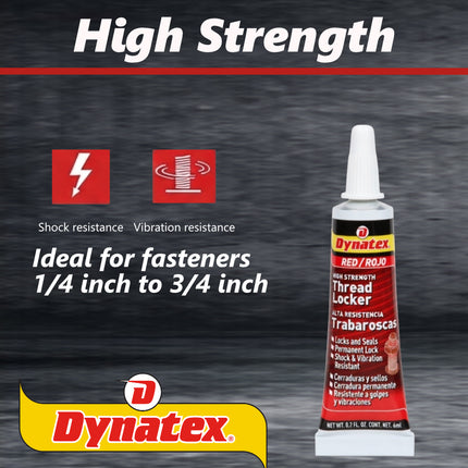 Dynatex Red High Strength Threadlocker 0.20 oz Bottle - Permanent Lock, Anaerobic, Large Fasteners, Vibration & Solvent Resistant (6-Pack)