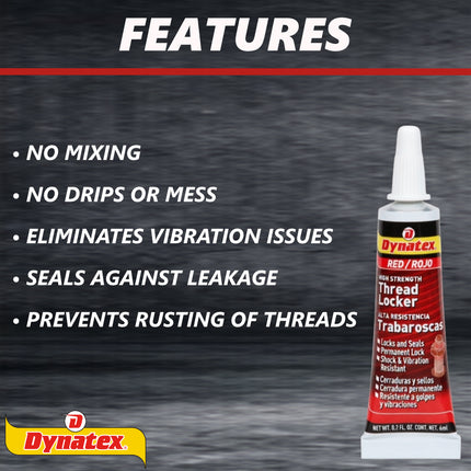 Dynatex Red High Strength Threadlocker 0.20 oz Bottle - Permanent Lock, Anaerobic, Large Fasteners, Vibration & Solvent Resistant (6-Pack)