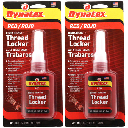 Dynatex Red High Strength Threadlocker 0.81 oz Bottle - Permanent Lock, Anaerobic, Large Fasteners, Vibration & Solvent Resistant (2-Pack)