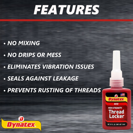 Dynatex Red High Strength Threadlocker 0.81 oz Bottle - Permanent Lock, Anaerobic, Large Fasteners, Vibration & Solvent Resistant (2-Pack)