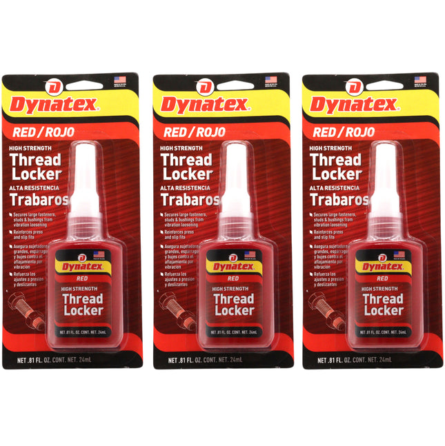 Dynatex Red High Strength Threadlocker 0.81 oz Bottle - Permanent Lock, Anaerobic, Large Fasteners, Vibration & Solvent Resistant (3-Pack)