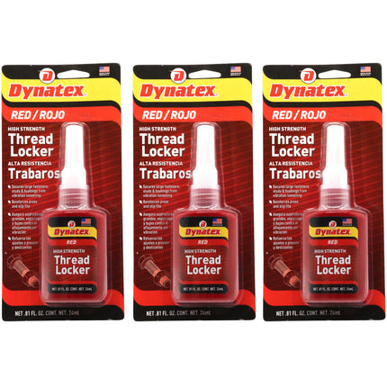 Dynatex Red High Strength Threadlocker 0.81 oz Bottle - Permanent Lock, Anaerobic, Large Fasteners, Vibration & Solvent Resistant (3-Pack)