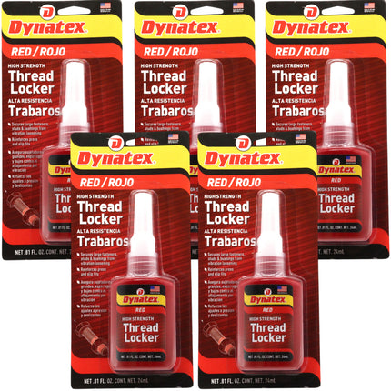 Dynatex Red High Strength Threadlocker 0.81 oz Bottle - Permanent Lock, Anaerobic, Large Fasteners, Vibration & Solvent Resistant (5-Pack)