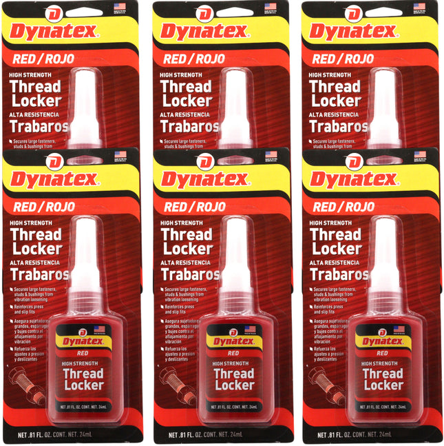 Dynatex Red High Strength Threadlocker 0.81 oz Bottle - Permanent Lock, Anaerobic, Large Fasteners, Vibration & Solvent Resistant (6-Pack)