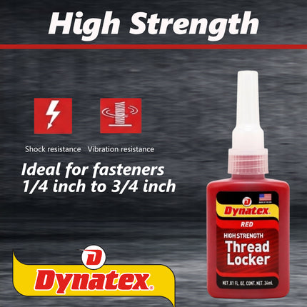 Dynatex Red High Strength Threadlocker 0.81 oz Bottle - Permanent Lock, Anaerobic, Large Fasteners, Vibration & Solvent Resistant (6-Pack)