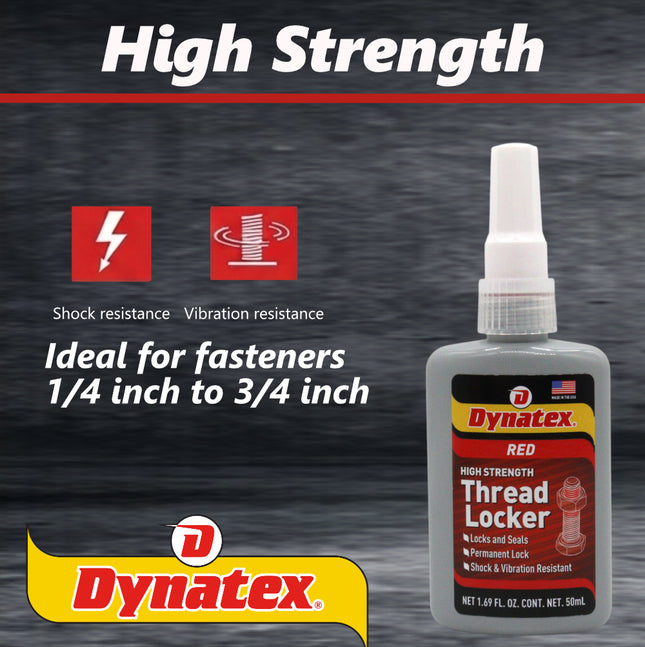 Dynatex Red High Strength Threadlocker 1.69 oz Bottle - Permanent Lock, Anaerobic, Large Fasteners, Vibration & Solvent Resistant (Single)