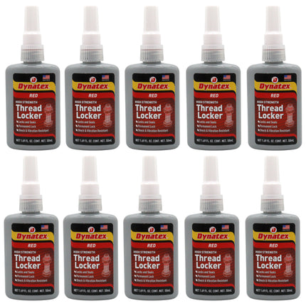 Dynatex Red High Strength Threadlocker 1.69 oz Bottle - Permanent Lock, Anaerobic, Large Fasteners, Vibration & Solvent Resistant (10-Pack)