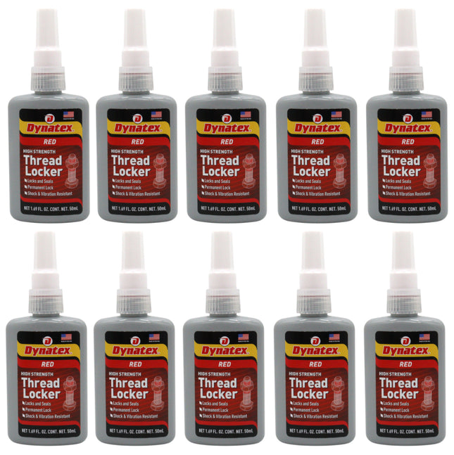 Dynatex Red High Strength Threadlocker 1.69 oz Bottle - Permanent Lock, Anaerobic, Large Fasteners, Vibration & Solvent Resistant (10-Pack)
