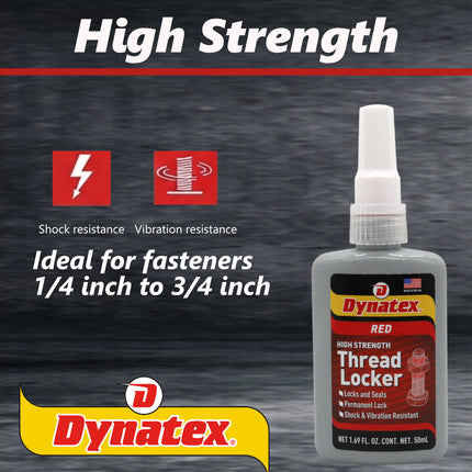 Dynatex Red High Strength Threadlocker 1.69 oz Bottle - Permanent Lock, Anaerobic, Large Fasteners, Vibration & Solvent Resistant (2-Pack)