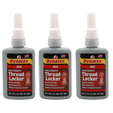 Dynatex Red High Strength Threadlocker 1.69 oz Bottle - Permanent Lock, Anaerobic, Large Fasteners, Vibration & Solvent Resistant (3-Pack)