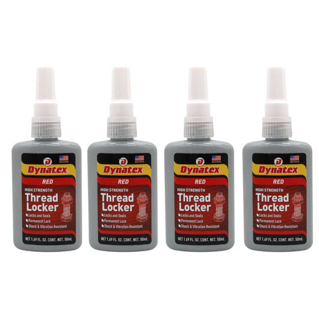 Dynatex Red High Strength Threadlocker 1.69 oz Bottle - Permanent Lock, Anaerobic, Large Fasteners, Vibration & Solvent Resistant (4-Pack)