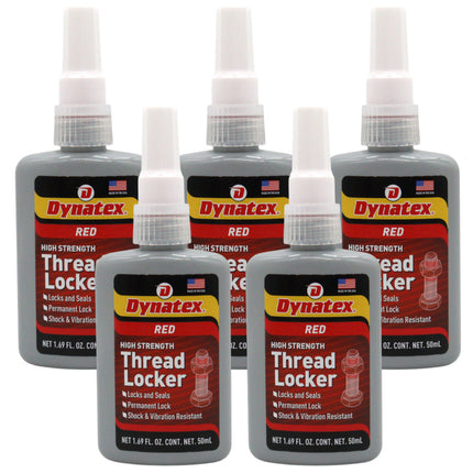 Dynatex Red High Strength Threadlocker 1.69 oz Bottle - Permanent Lock, Anaerobic, Large Fasteners, Vibration & Solvent Resistant (5-Pack)