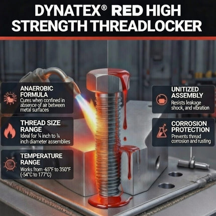 Dynatex Red High Strength Threadlocker 1.69 oz Bottle - Permanent Lock, Anaerobic, Large Fasteners, Vibration & Solvent Resistant (5-Pack)