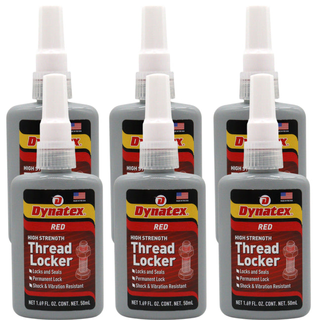 Dynatex Red High Strength Threadlocker 1.69 oz Bottle - Permanent Lock, Anaerobic, Large Fasteners, Vibration & Solvent Resistant (6-Pack)