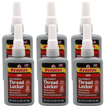 Dynatex Red High Strength Threadlocker 1.69 oz Bottle - Permanent Lock, Anaerobic, Large Fasteners, Vibration & Solvent Resistant (6-Pack)