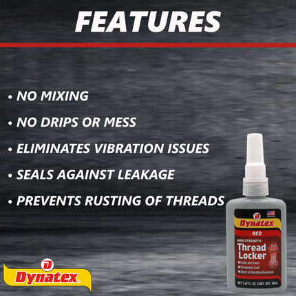 Dynatex Red High Strength Threadlocker 1.69 oz Bottle - Permanent Lock, Anaerobic, Large Fasteners, Vibration & Solvent Resistant (6-Pack)