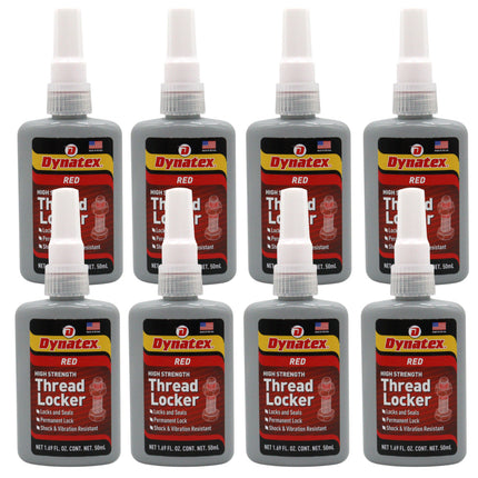 Dynatex Red High Strength Threadlocker 1.69 oz Bottle - Permanent Lock, Anaerobic, Large Fasteners, Vibration & Solvent Resistant (8-Pack)