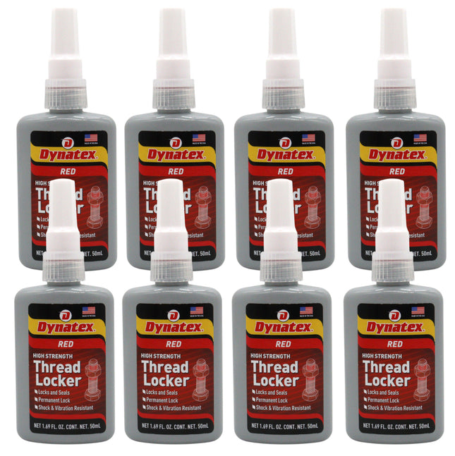 Dynatex Red High Strength Threadlocker 1.69 oz Bottle - Permanent Lock, Anaerobic, Large Fasteners, Vibration & Solvent Resistant (8-Pack)